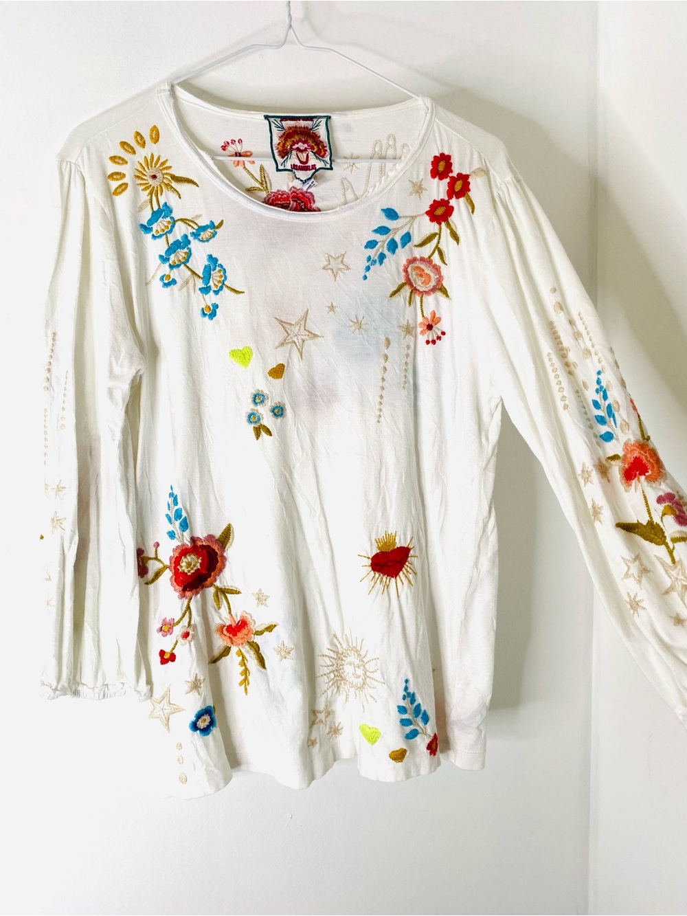 Johnny Was White Cotton Embroidered Boho Top Long Sleeve Floral Scoop Neck Tunic
